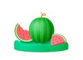 Watermelon on podium 3d scene. Realistic watermelons slices, juicy fresh fruits graphic elements. Isolated vector green