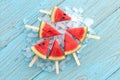 Watermelon popsicle yummy fresh summer fruit sweet dessert wood teak Royalty Free Stock Photo