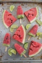 Watermelon popsicles with fresh melon slices Royalty Free Stock Photo