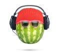 Watermelon with red hat, pink glasses and headphones, isolated on white background Royalty Free Stock Photo