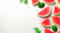 Watermelon red ripe slices and green leaves close up isolated on white banner with copy space, fruit background Royalty Free Stock Photo