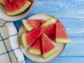 Watermelon ripe, nutritious healthy tasty freshness sweet summertime on a blue wooden background Royalty Free Stock Photo
