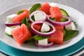 Watermelon salad with feta cheese,mint,onion and cucumber on gray background. Royalty Free Stock Photo