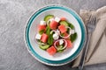 Watermelon salad with feta cheese,mint,onion and cucumber on gray background. Royalty Free Stock Photo