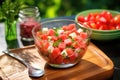 watermelon salad in a glass bowl with a serving spoon, beside a refreshing drink Royalty Free Stock Photo