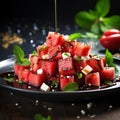 watermelon salad with juicy watermelon cubes, feta cheese, mint leaves, and a drizzle of balsamic glaze by AI generated Royalty Free Stock Photo