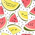 Watermelon seamless pattern. Hand drawn watermelon slice and seeds. Vector illustration for textile, paper and other products. Royalty Free Stock Photo