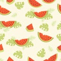 Watermelon seamless pattern. Scattered slices watermelons with leaves on light background. Vector illustration in flat Royalty Free Stock Photo