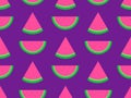 Watermelon seamless pattern. Slices of watermelon with seeds on a purple background. Design for posters, wallpaper, print