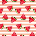 Watermelon Seamless Pattern Vector illustration. Watermelon slices on pink and white striped background.