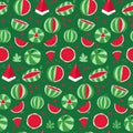 Watermelon seamless pattern. Whole striped watermelon and red slices with seeds on a green background. Vector hand drawn Royalty Free Stock Photo