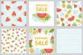 Watermelon set Summer seamless patterns, cards. Pineapple, watermelon, palm tropical leaves posters Summer sale text
