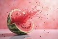 Watermelon slice exploding with pink juice spray and flying black seeds Royalty Free Stock Photo