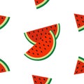 Watermelon slice icon cut with seed Triangle fruit cut. Hello Summer Seamless Pattern White background. Flat design. Royalty Free Stock Photo