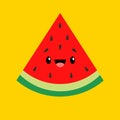 Watermelon slice icon. Funny smiling face with eyes, brows and tongue. Cute kawaii cartoon baby character. Healthy food, Fruit Royalty Free Stock Photo