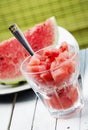 Watermelon slice and melon sweet dessert smoothie on white table. Summertime refreshment detox food. Summer fruit cold slush Royalty Free Stock Photo