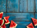 Watermelon slice popsicles on a blue rustic wood background Royalty Free Stock Photo