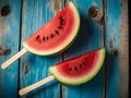 Watermelon slice popsicles on a blue rustic wood background Royalty Free Stock Photo