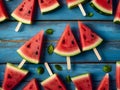 Watermelon slice popsicles on a blue rustic wood background Royalty Free Stock Photo