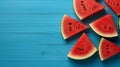 Watermelon slice popsicles on yellow plate on blue 1690446680803 5 Royalty Free Stock Photo