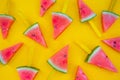 Watermelon slice popsicles on yellow wood background. Royalty Free Stock Photo