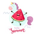 Watermelon slice on a rubber ring Unicorn. Vector illustration in cartoon flat style. Hello Summer, calligraphy.