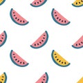 Watermelon slice seamless hand drawing vector pattern. Simple summer print in doodle style