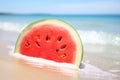 Watermelon slice on seashore. Generative AI Royalty Free Stock Photo