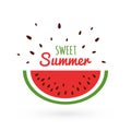 Watermelon slice with seeds isolated on white background. Sweet summer concept with bright watermelon. Summer background