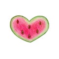 Watermelon slice in shape of heart isolated on white background. Watercolor hand drawn illustration in cartoon realistic style. Royalty Free Stock Photo