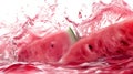 Watermelon slice splashing into water creating dynamic droplets and ripples