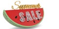 Watermelon slice with summer slae text isolated on white background 3D illustration.
