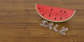 Watermelon slice with summer slae text on wooden board 3D illustration.