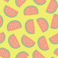 Watermelon slices background. Vector seamless pattern with illustrated fruits isolated on lime yellow. Food illustration. Use for