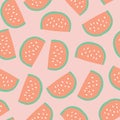 Watermelon slices background. Vector seamless pattern with illustrated fruits isolated on pink. Food illustration. Use for card,