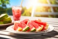 Watermelon Slices and Drink on Outdoor Table. Generative Ai. Royalty Free Stock Photo