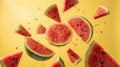 Watermelon slices exploding with juice on yellow background Royalty Free Stock Photo