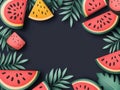 Watermelon slices and leaves frame a black background Royalty Free Stock Photo