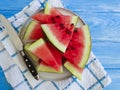 Watermelon slices natural, plate nutritious yummy freshness sweet summertime on a blue wooden background