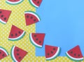 Watermelon slices Paper cut on yellow polka dot background.