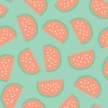 Watermelon slices pattern. Vector seamless background with illustrated fruits isolated on green. Food illustration. Use for card,