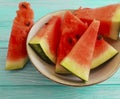 Watermelon slices, plate summertime on a blue wooden background
