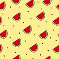 Watermelon slices seamless pattern. Hand drawn doodle fruit on yellow background. Bright summer background. Royalty Free Stock Photo