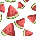 Watermelon slices seamless pattern. Hand drawn sketch style ripe summer fruits vector illustration. Ideal for party designs, fruit Royalty Free Stock Photo