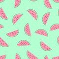 Watermelon slices seamless pattern on mint green polka dots background.