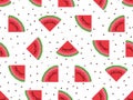 Watermelon slices seamless pattern in pixel art style. 8 bit icon watermelon with seeds. Trend design for printing, wrapping paper Royalty Free Stock Photo