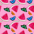 Watermelon slices and tropical butterflies on a pink background. Summer seamless pattern design for wallaper, paper, textile, fabr Royalty Free Stock Photo