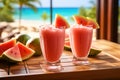 Watermelon slushie with lime, summer refreshing drink in tall glasses. Generative AI