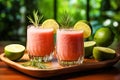Watermelon slushie with lime, summer refreshing drink in tall glasses. Generative AI