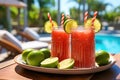 Watermelon slushie with lime, summer refreshing drink in tall glasses. Generative AI